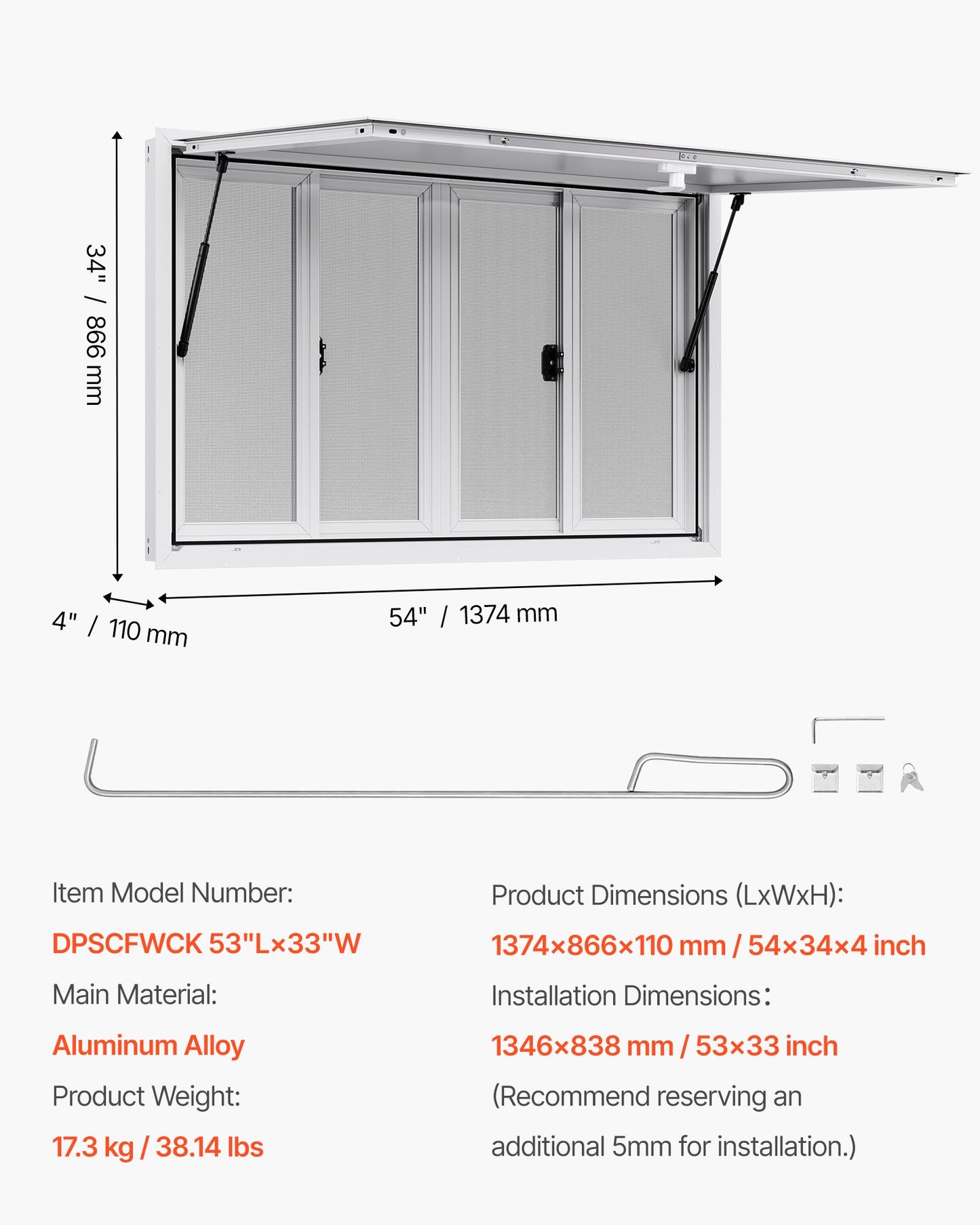 Verkaufsfenster 135x84 cm, Servicefenster aus Aluminiumlegierung für Imbisswagen, bis zu 85 Grad schwenkbares Standfenster mit 4 Schiebefenstern, Markisentür und Schlepphaken, für Verkaufsanhänger