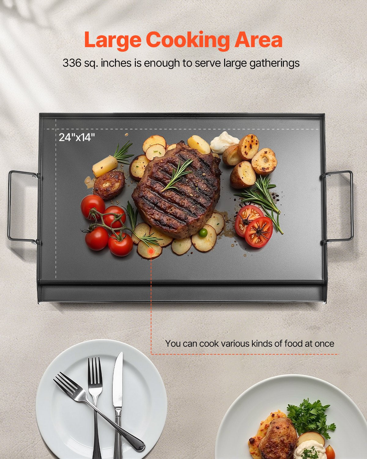 Grillplatte aus Kohlenstoffstahl, 61 x 41 cm (24 x 16 Zoll), universelle, flache, rechteckige Platte, Gasgrillplatte für BBQ-Grill, Teppanyaki, tragbares Familienkochgeschirr mit Griff, für Camping, Grillpartys