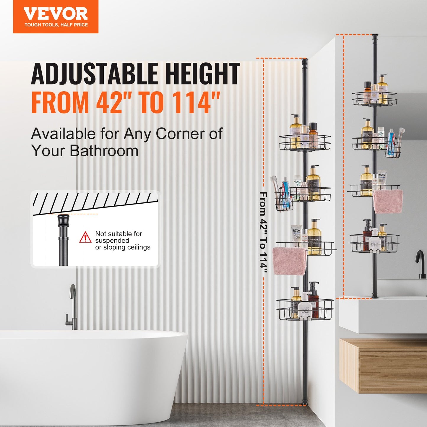 Shower Corner Caddy Tension Pole, 42" to 114" High, Multi-Functional Shower Tension Pole with Strong Load-Bearing Tray, Rust-Proof Easy-to-Install Tension Pole, Fit for Bathroom & Washroom