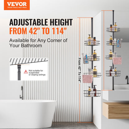 Shower Corner Caddy Tension Pole, 42" to 114" High, Multi-Functional Shower Tension Pole with Strong Load-Bearing Tray, Rust-Proof Easy-to-Install Tension Pole, Fit for Bathroom & Washroom