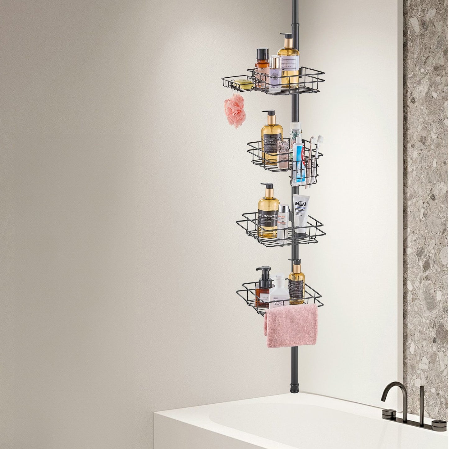 Shower Corner Caddy Tension Pole, 42" to 114" High, Multi-Functional Shower Tension Pole with Strong Load-Bearing Tray, Rust-Proof Easy-to-Install Tension Pole, Fit for Bathroom & Washroom