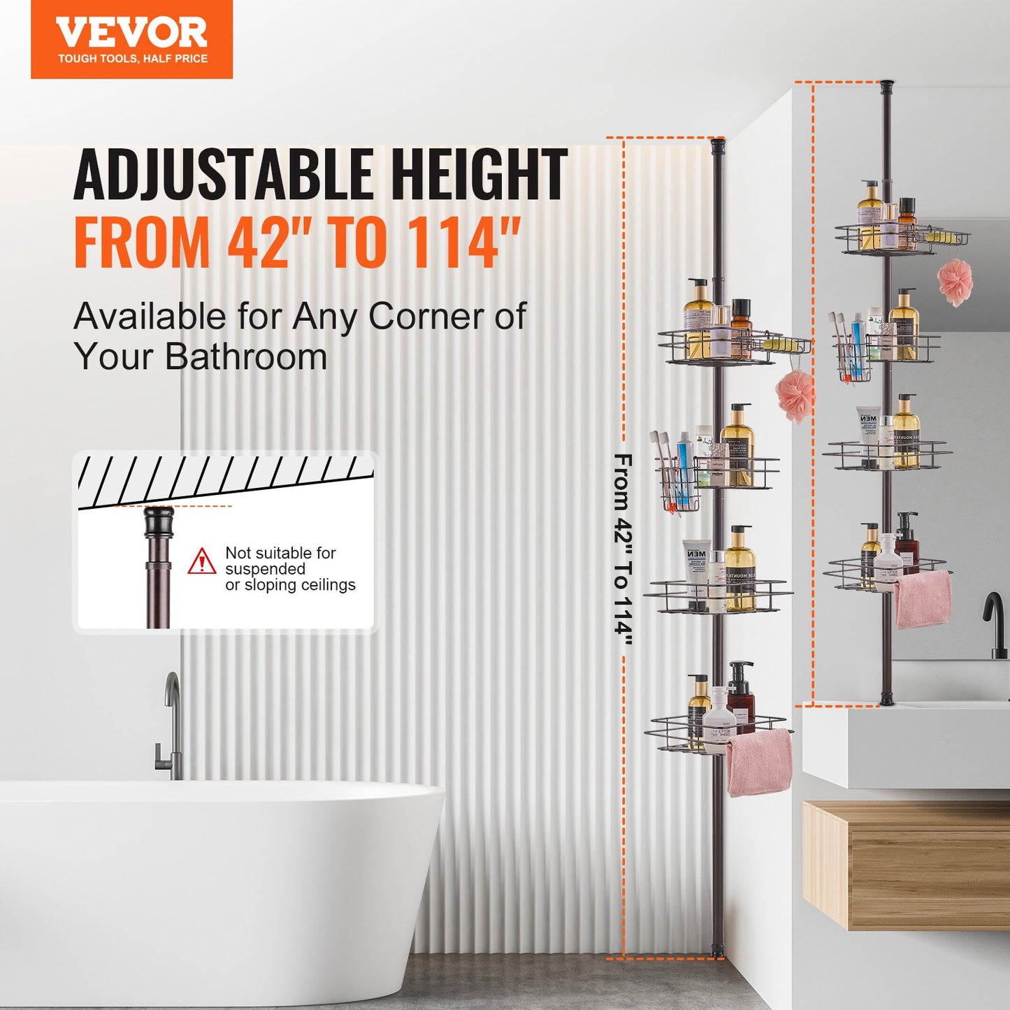 Shower Corner Caddy Tension Pole, 42" to 114" High, Multi-Functional Shower Tension Pole with Strong Load-Bearing Tray, Rust-Proof Easy-to-Install Tension Pole, Fit for Bathroom & Washroom