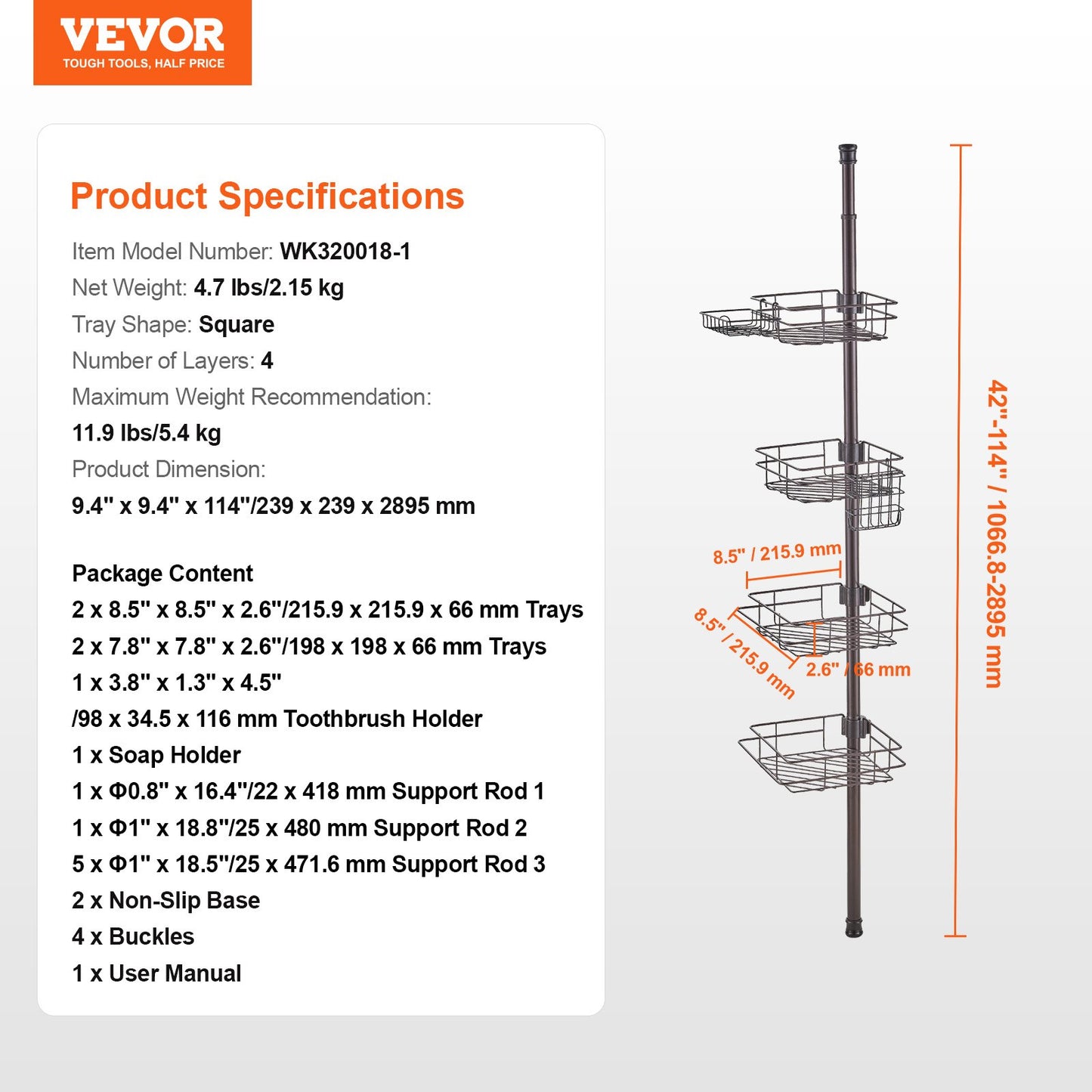 Shower Corner Caddy Tension Pole, 42" to 114" High, Multi-Functional Shower Tension Pole with Strong Load-Bearing Tray, Rust-Proof Easy-to-Install Tension Pole, Fit for Bathroom & Washroom