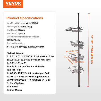 Shower Corner Caddy Tension Pole, 42" to 114" High, Multi-Functional Shower Tension Pole with Strong Load-Bearing Tray, Rust-Proof Easy-to-Install Tension Pole, Fit for Bathroom & Washroom