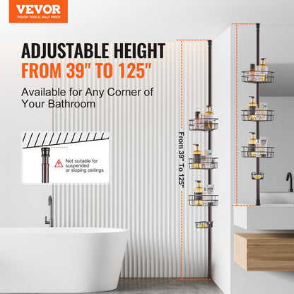 Shower Corner Caddy Tension Pole, 39" to 125" High, Multi-Functional Shower Tension Pole with Strong Load-Bearing Tray, Rust-Proof Easy-to-Install Tension Pole, Fit for Bathroom & Washroom
