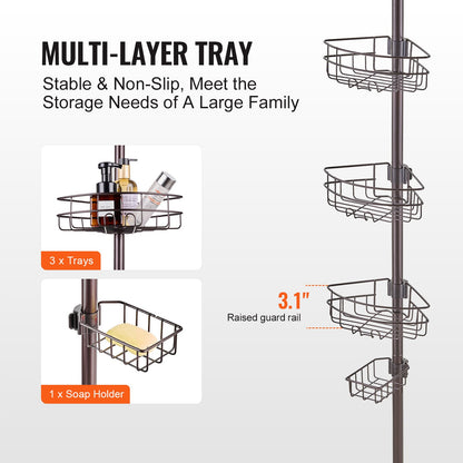 Shower Corner Caddy Tension Pole, 39" to 125" High, Multi-Functional Shower Tension Pole with Strong Load-Bearing Tray, Rust-Proof Easy-to-Install Tension Pole, Fit for Bathroom & Washroom