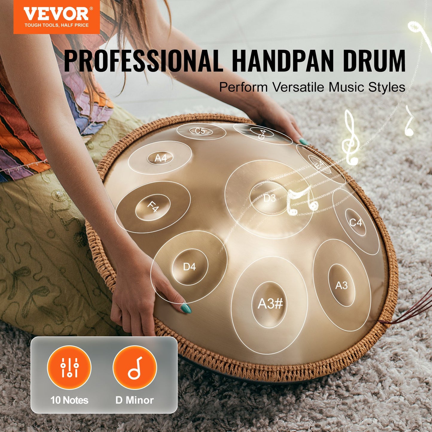 Handpan Drum 55.9 cm 10 Notes D Minor Hand Drum Instrument with Mallet