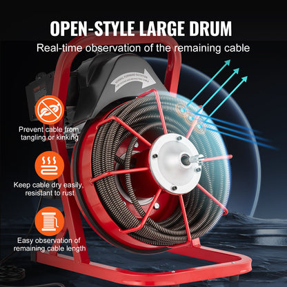 Rohrreinigungsmaschine 75 Fuß x 1/2 Zoll, manuelle Rohrreinigungsspirale, 370 W elektrische Rohrreinigungsmaschine mit 4 Schneidwerkzeugen und pneumatischem Fußschalter für 2" bis 4" Rohre