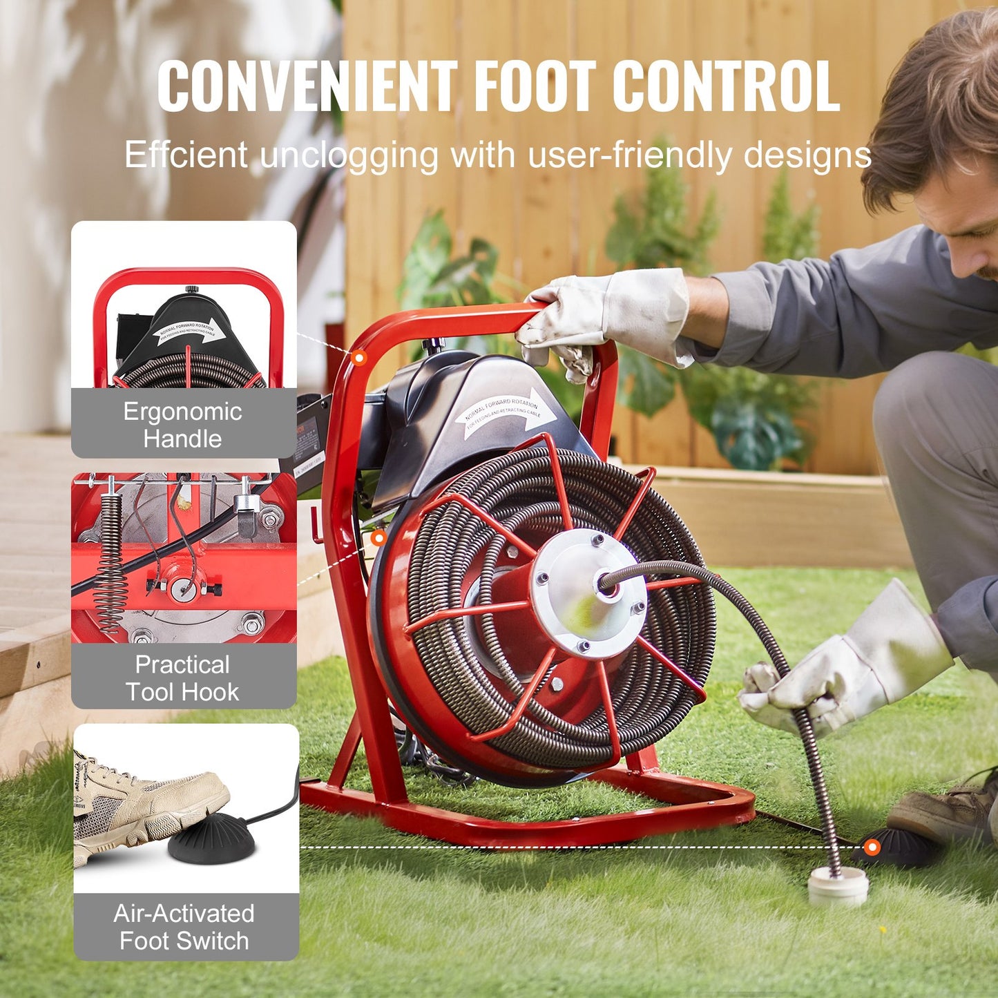 Rohrreinigungsmaschine 75 Fuß x 1/2 Zoll, manuelle Rohrreinigungsspirale, 370 W elektrische Rohrreinigungsmaschine mit 4 Schneidwerkzeugen und pneumatischem Fußschalter für 2" bis 4" Rohre
