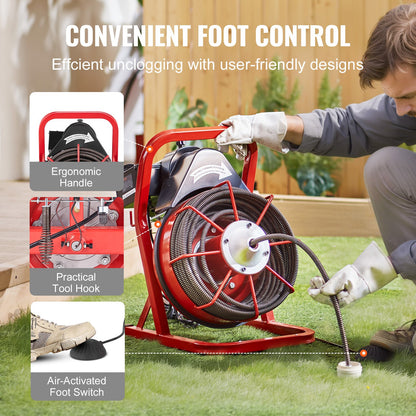 Rohrreinigungsmaschine 75 Fuß x 1/2 Zoll, manuelle Rohrreinigungsspirale, 370 W elektrische Rohrreinigungsmaschine mit 4 Schneidwerkzeugen und pneumatischem Fußschalter für 2" bis 4" Rohre