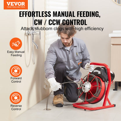 Rohrreinigungsmaschine 50 Fuß x 3/8 Zoll, manuelle Rohrreinigungsspirale, 250 W elektrische Rohrreinigungsmaschine mit 4 Schneidwerkzeugen und pneumatischem Fußschalter für 2" bis 4" Rohre