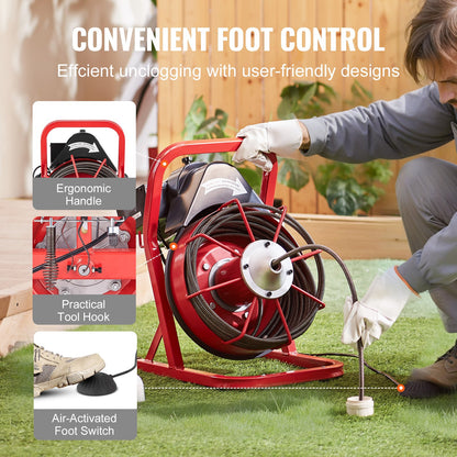 Rohrreinigungsmaschine 50 Fuß x 3/8 Zoll, manuelle Rohrreinigungsspirale, 250 W elektrische Rohrreinigungsmaschine mit 4 Schneidwerkzeugen und pneumatischem Fußschalter für 2" bis 4" Rohre