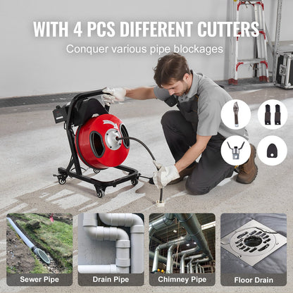 Rohrreinigungsmaschine 50 Fuß x 1/2 Zoll, manuelle Rohrreinigungsspirale - mit Rädern, 4 Schneidmessern und pneumatischem Fußschalter für 2" bis 4" Rohre