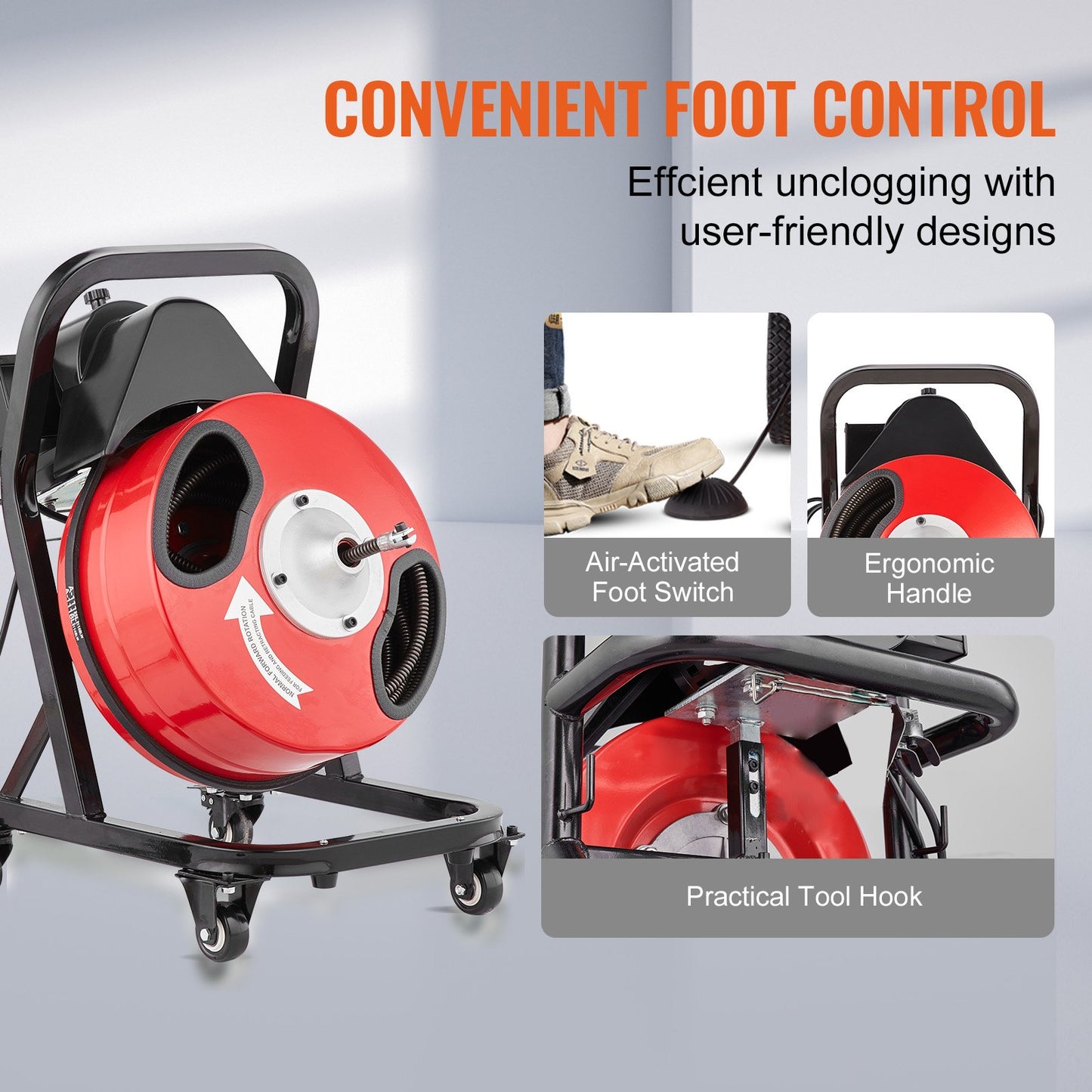 Rohrreinigungsmaschine 50 Fuß x 1/2 Zoll, manuelle Rohrreinigungsspirale - mit Rädern, 4 Schneidmessern und pneumatischem Fußschalter für 2" bis 4" Rohre