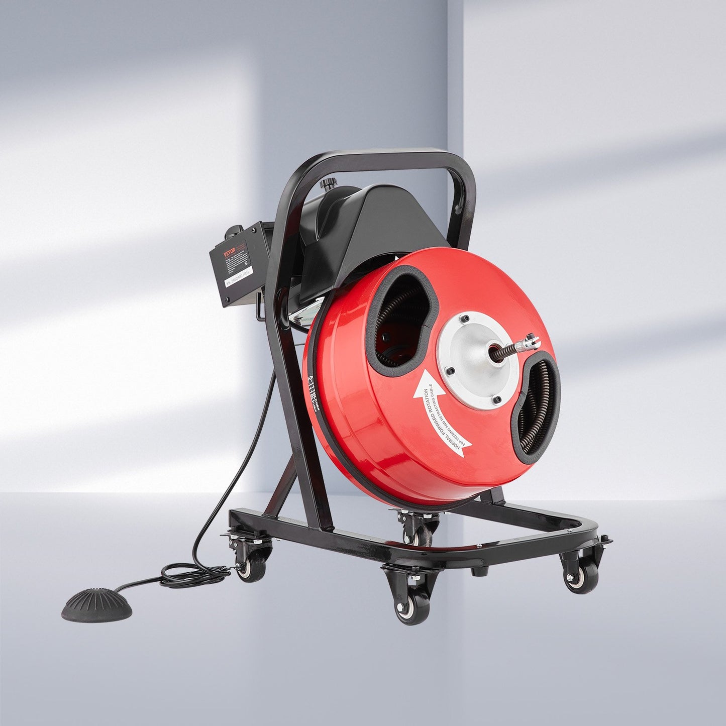 Rohrreinigungsmaschine 50 Fuß x 1/2 Zoll, manuelle Rohrreinigungsspirale - mit Rädern, 4 Schneidmessern und pneumatischem Fußschalter für 2" bis 4" Rohre