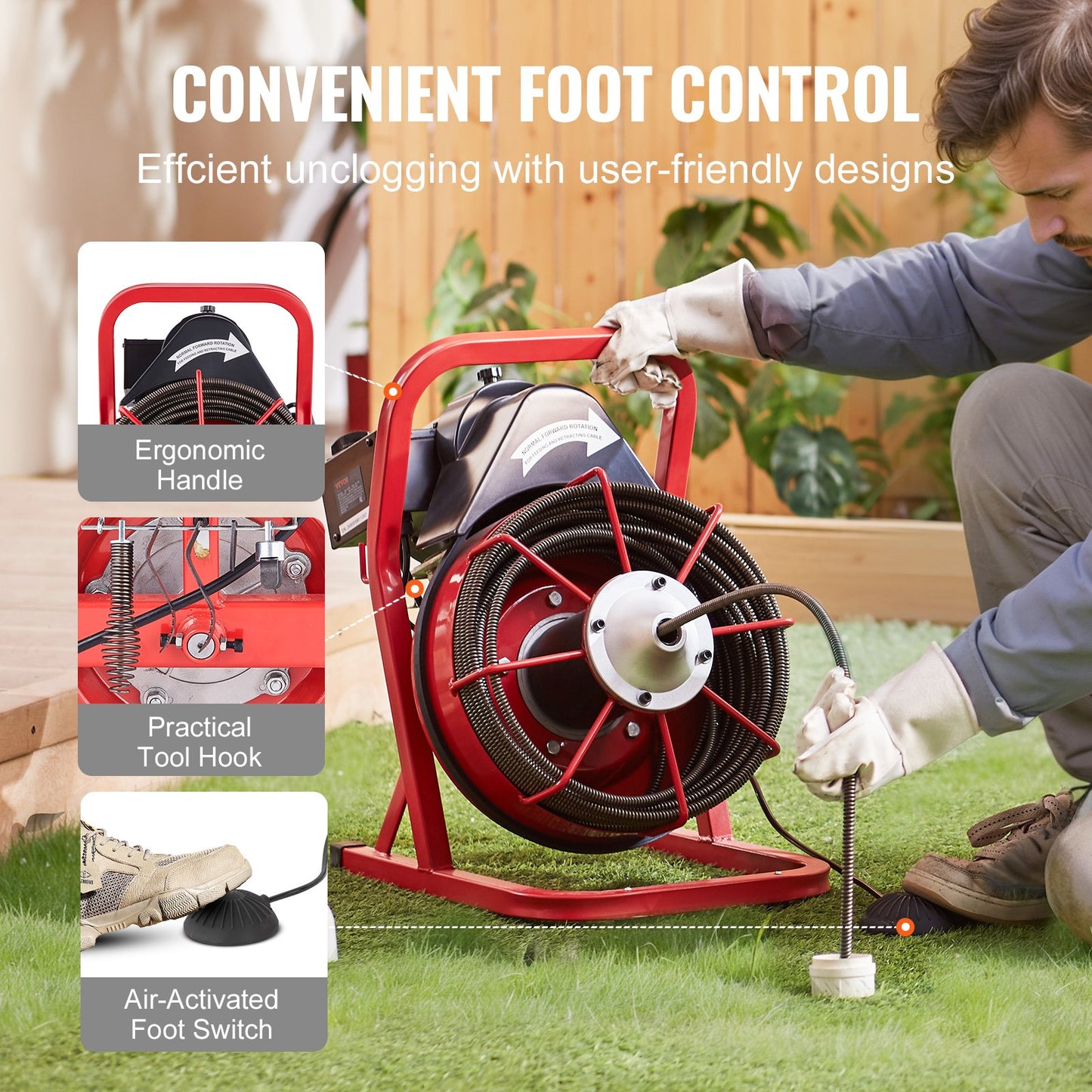 Drain Cleaner Machine Drain Auger 2286 cm x 9.5 mm Manual Feed & 4 Cutters