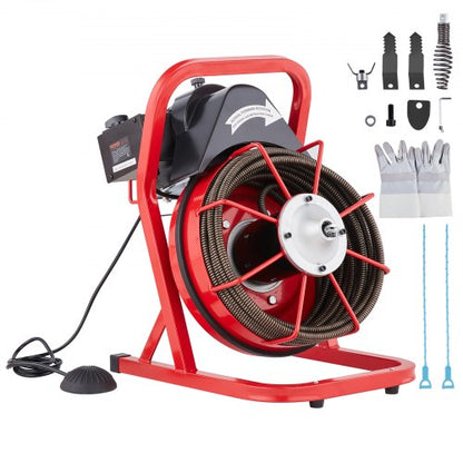 Drain Cleaner Machine 50FT x 1/2 Inch, Sewer Snake Auger Manual Feed, 250W Electric Drain Cleaning Machine with 4 Cutters & Air-activated Foot Switch for 2" to 4" Pipes