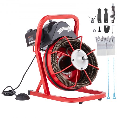 Drain Cleaner Machine 50FT x 1/2 Inch, Sewer Snake Auger Manual Feed, 250W Electric Drain Cleaning Machine with 4 Cutters & Air-activated Foot Switch for 2" to 4" Pipes