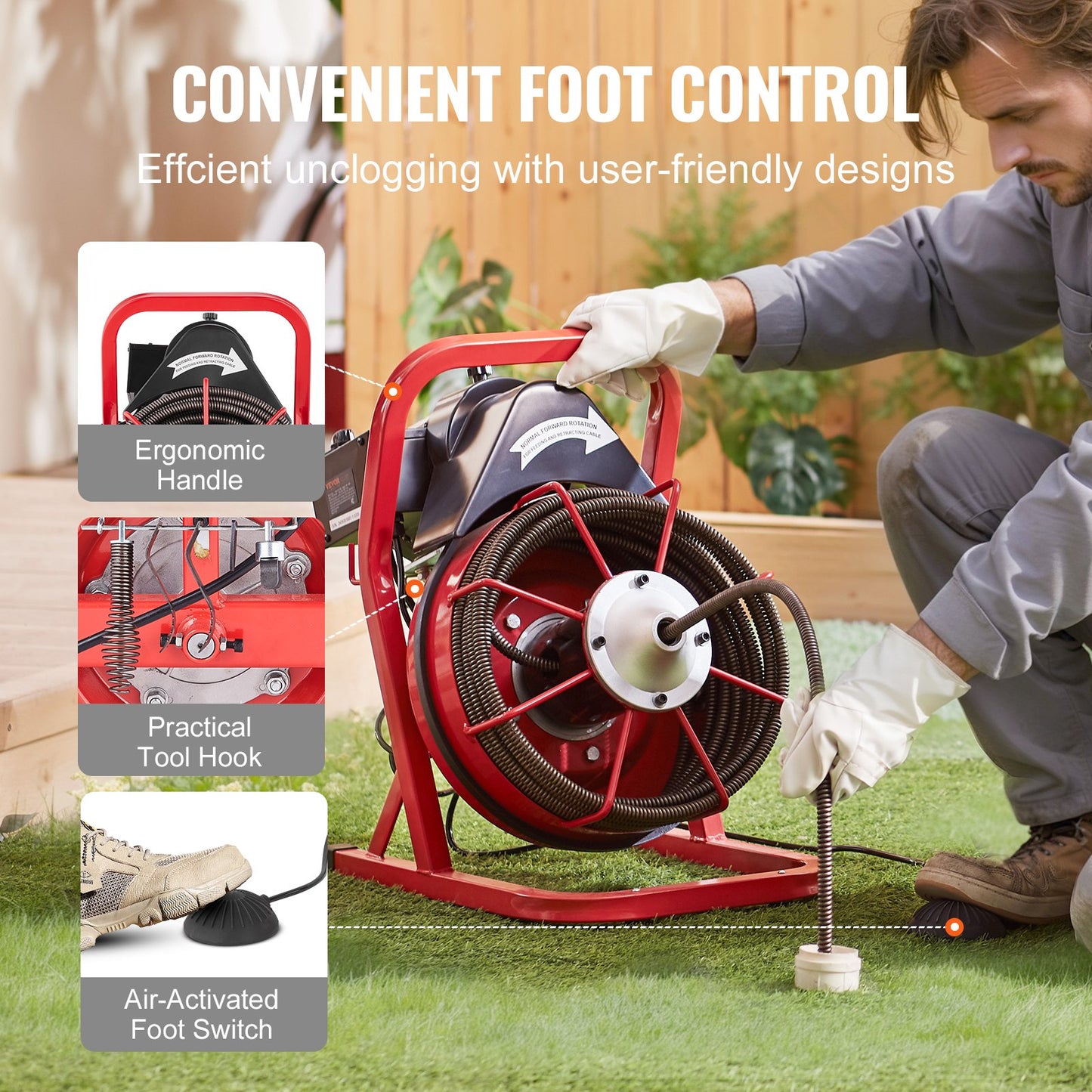 Drain Cleaner Machine 50FT x 1/2 Inch, Sewer Snake Auger Manual Feed, 250W Electric Drain Cleaning Machine with 4 Cutters & Air-activated Foot Switch for 2" to 4" Pipes