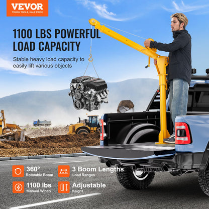 Pickup Truck Crane, Folding Truck-Mounted Bed Crane with 1100 lbs Manual Winch, Steel Pickup Truck Jib Crane Hoist 360 Degrees Swivel for Lifting Goods in Construction, Forestry, and Factory