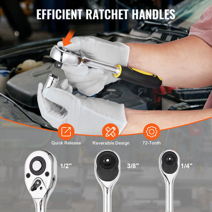 207-teiliger Mechaniker-Werkzeugsatz, 1/4", 3/8" und 1/2" Antriebssteckschlüssel, SAE- und metrischer Werkzeugsatz mit Bits, Schraubenschlüsseln, Ratschengriff, Zubehör und Kunststoff-Aufbewahrungskoffer für die Kfz-Reparatur