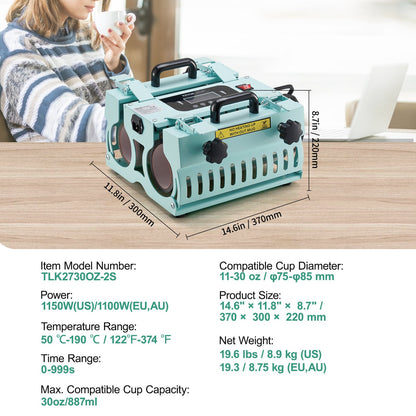 Tassenpresse mit 2 Heizstationen, 311,8–850,5 g, für Sublimationsdruck