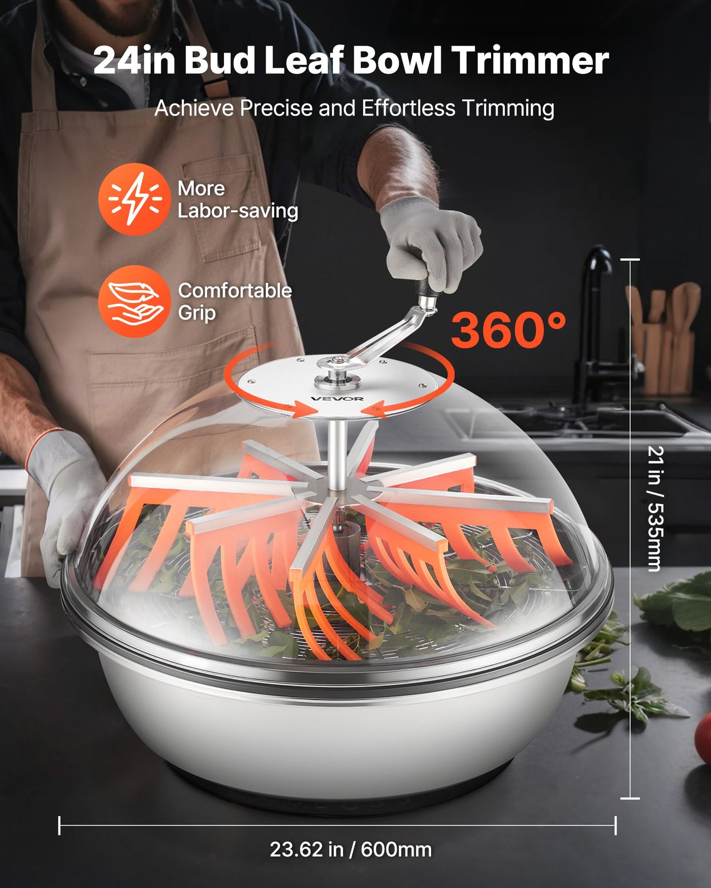 Bud Leaf Bowl Trimmer, 600 mm Manual Bud Trimmer, with Sharp Stainless Steel Blades, Visual Cutting, Wet & Dry Hydroponic Cutting Machine, Twisted Spin Cut for Plants Leaves Buds Flowers