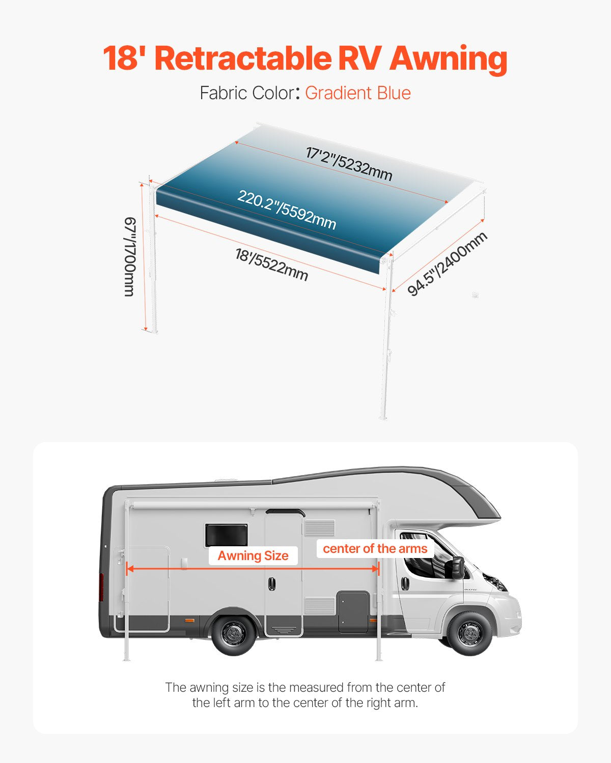 Manual RV Awning Complete Kit, 18' Retractable Awning with Aluminum Alloy Frame, Outdoor Trailer Awning, Fit for Most RVs(Blue Fade)