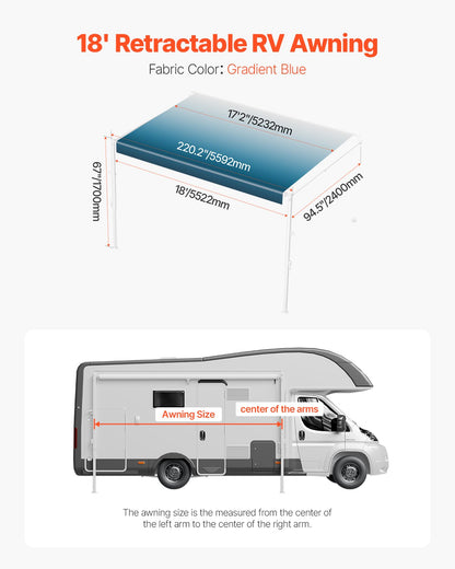 Manual RV Awning Complete Kit, 18' Retractable Awning with Aluminum Alloy Frame, Outdoor Trailer Awning, Fit for Most RVs(Blue Fade)