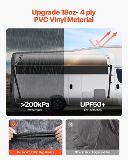 Manual RV Awning Complete Kit, 16' Retractable Awning with Aluminum Alloy Frame, Outdoor Trailer Awning, Fit for Most RVs(Black Fade)