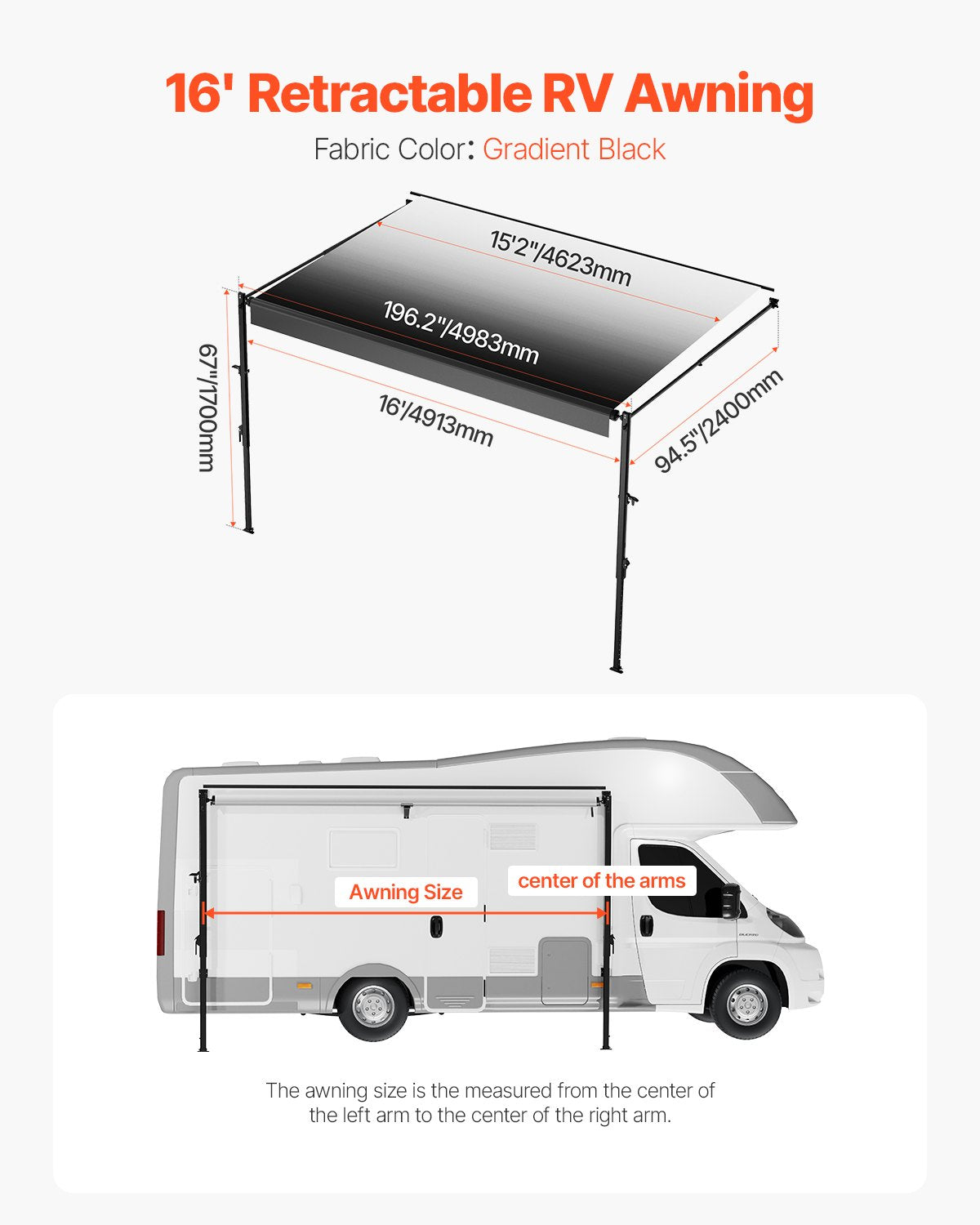 Manual RV Awning Complete Kit, 16' Retractable Awning with Aluminum Alloy Frame, Outdoor Trailer Awning, Fit for Most RVs(Black Fade)