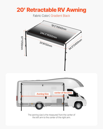 Manual RV Awning Complete Kit, 20' Retractable Awning with Aluminum Alloy Frame, Outdoor Trailer Awning, Fit for Most RVs(Black Fade)