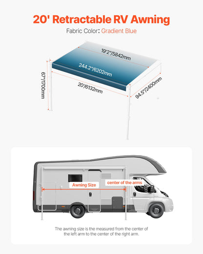 Manual RV Awning Complete Kit, 18' Retractable Awning with Aluminum Alloy Frame, Outdoor Trailer Awning, Fit for Most RVs(Blue Fade)