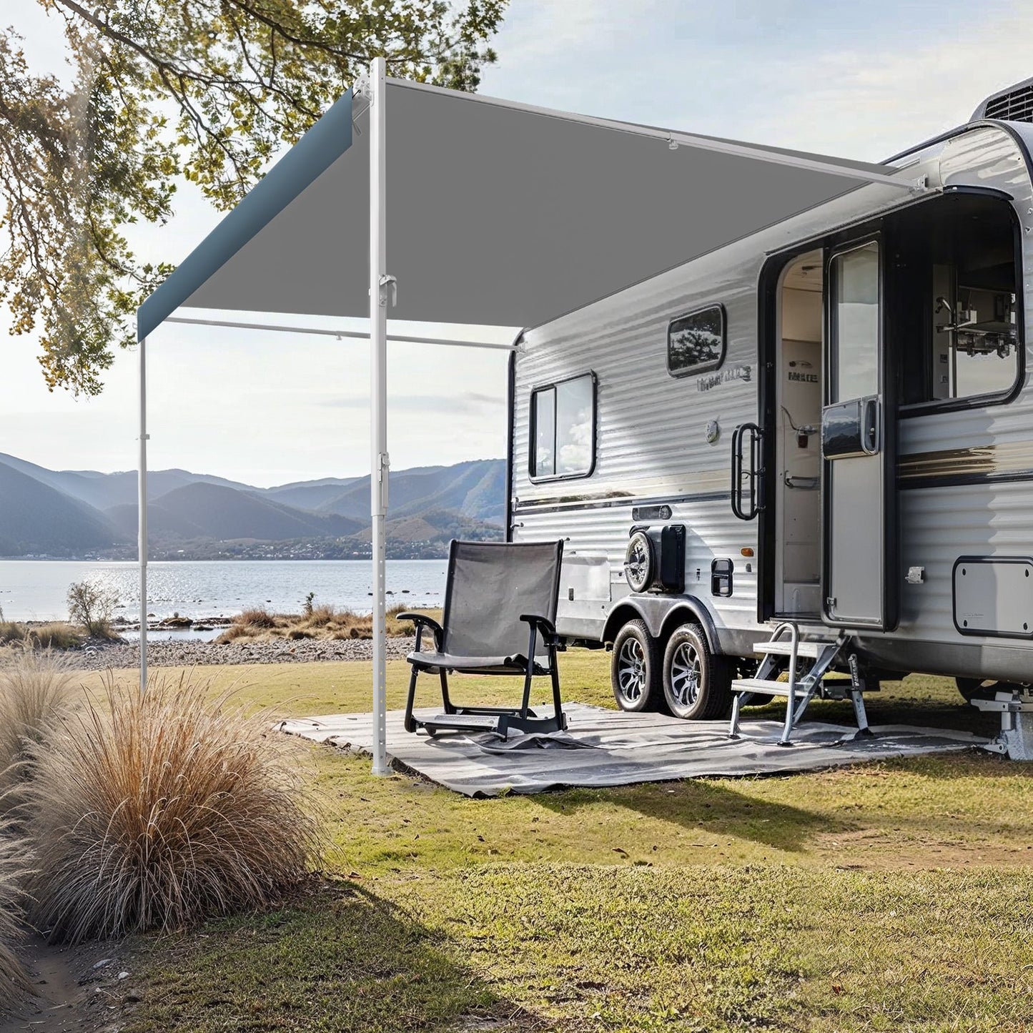 Manual RV Awning Complete Kit, 18' Retractable Awning with Aluminum Alloy Frame, Outdoor Trailer Awning, Fit for Most RVs(Blue Fade)