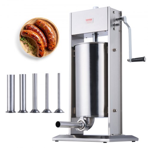 Manuelle Wurstfüllmaschine, 15 l / 30 lbs, vertikale Wurstmaschine, Fleischfüller mit zwei Geschwindigkeiten, aus lebensmittelechtem Edelstahl 304, inklusive 5 Füllrohren, für Privatküche, Restaurant und Gewerbe