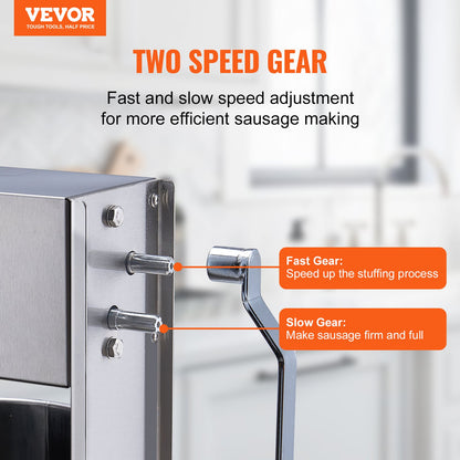 Manuelle Wurstfüllmaschine, 15 l / 30 lbs, vertikale Wurstmaschine, Fleischfüller mit zwei Geschwindigkeiten, aus lebensmittelechtem Edelstahl 304, inklusive 5 Füllrohren, für Privatküche, Restaurant und Gewerbe