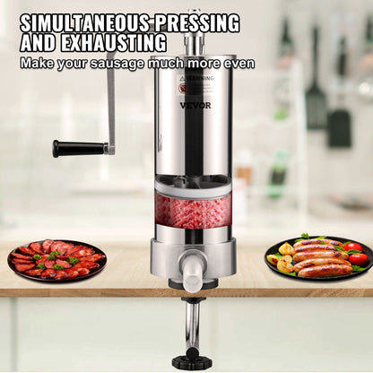 Sausage Stuffer, 5LBS/3L Capacity, 304 Stainless Steel Vertical Sausage Stuffer, Sausage Filling Machine with 3 Stuffing Tubes, Suction Base and Manual Crank for Household or Commercial Use