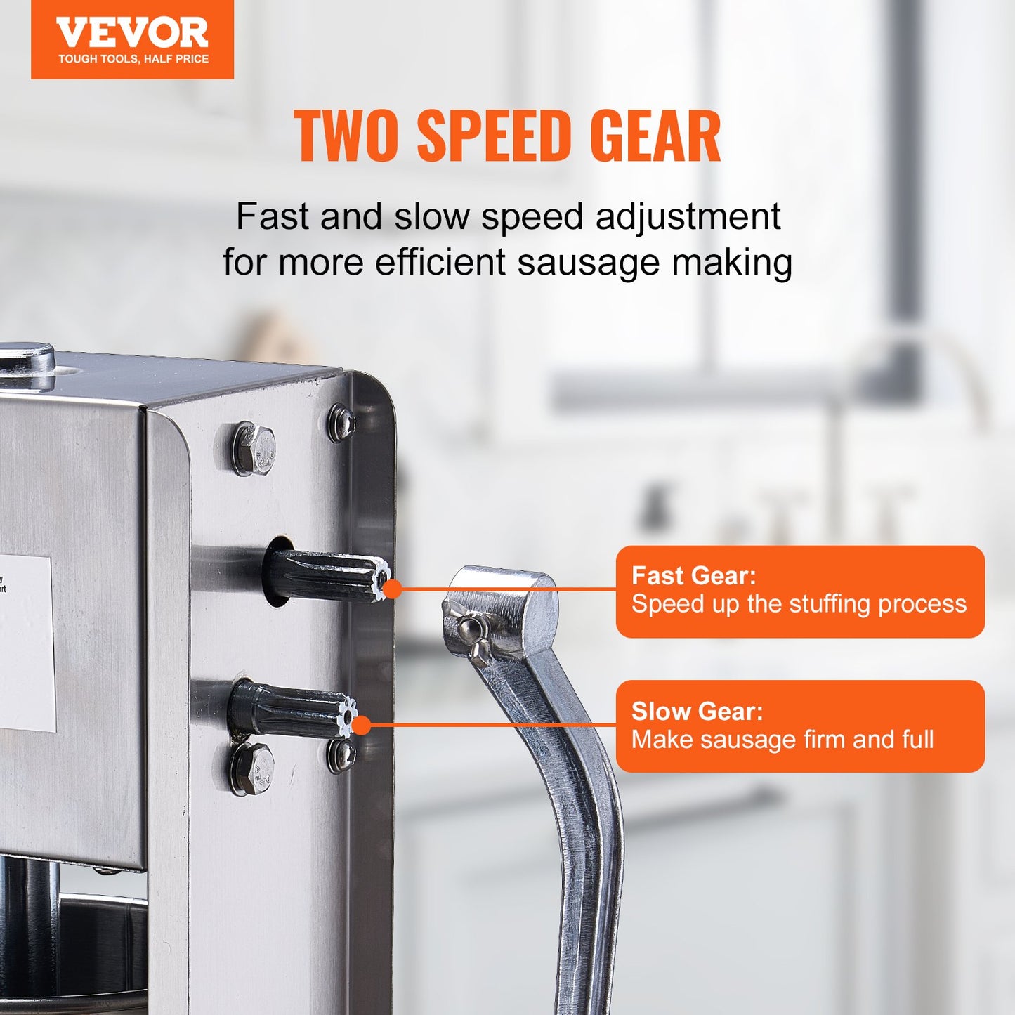 Manuelle Wurstfüllmaschine, 7 l / 15 lbs, vertikale Wurstmaschine, Fleischfüller mit zwei Geschwindigkeiten, aus lebensmittelechtem Edelstahl 304, inklusive 5 Füllrohren, für Privatküche, Restaurant und Gewerbe