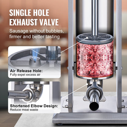 Manuelle Wurstfüllmaschine, 7 l / 15 lbs, vertikale Wurstmaschine, Fleischfüller mit zwei Geschwindigkeiten, aus lebensmittelechtem Edelstahl 304, inklusive 5 Füllrohren, für Privatküche, Restaurant und Gewerbe