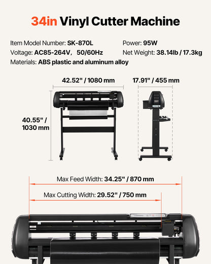 Vinyl Cutter Machine, 870 mm Max Feed Width, Dual Blades, Adjustable Force and Speed, LED Display, Vinyl Plotter Cutter Printer with Signmaster Software for Compatible with Windows and macOS