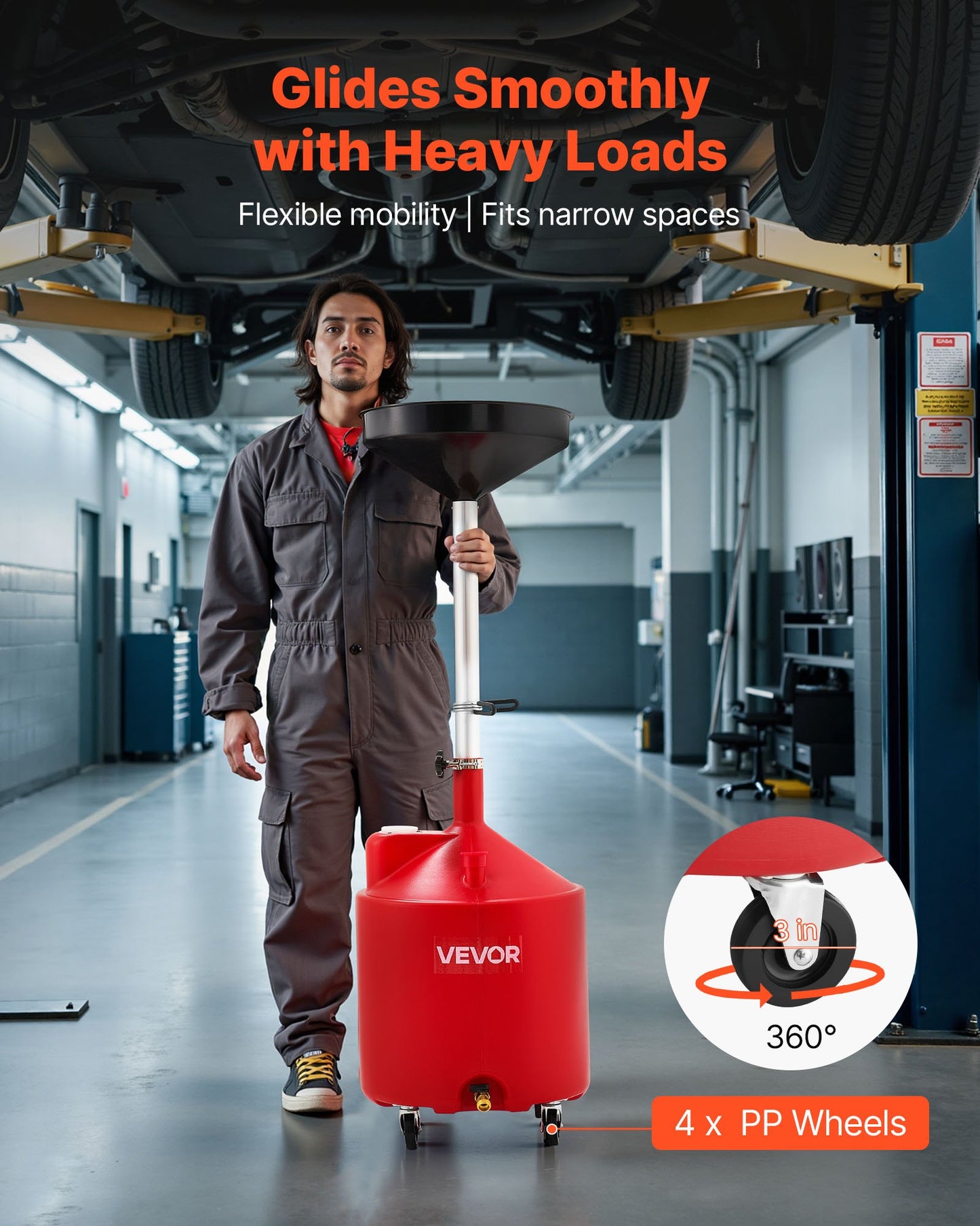 68L Waste Oil Drain Tank, Industrial Fluid Drain Tank with Adjustable Funnel Height, Portable Oil Drainer with Wheels, Fluid Fuel Transfer Drainage for Auto Repair Shops, Garages, Red