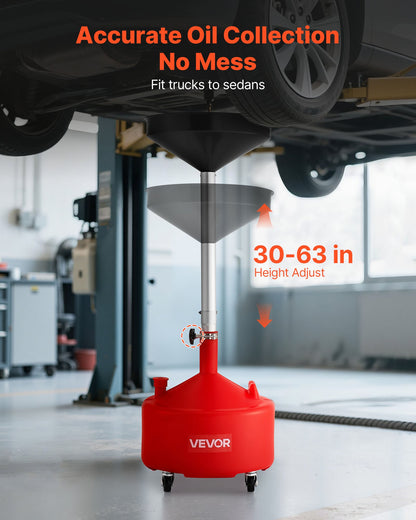 30L Waste Oil Drain Tank, Industrial Fluid Drain Tank with Adjustable Funnel Height, Portable Oil Drainer with Wheels, Fluid Fuel Transfer Drainage for Auto Repair Shops, Garages, Red