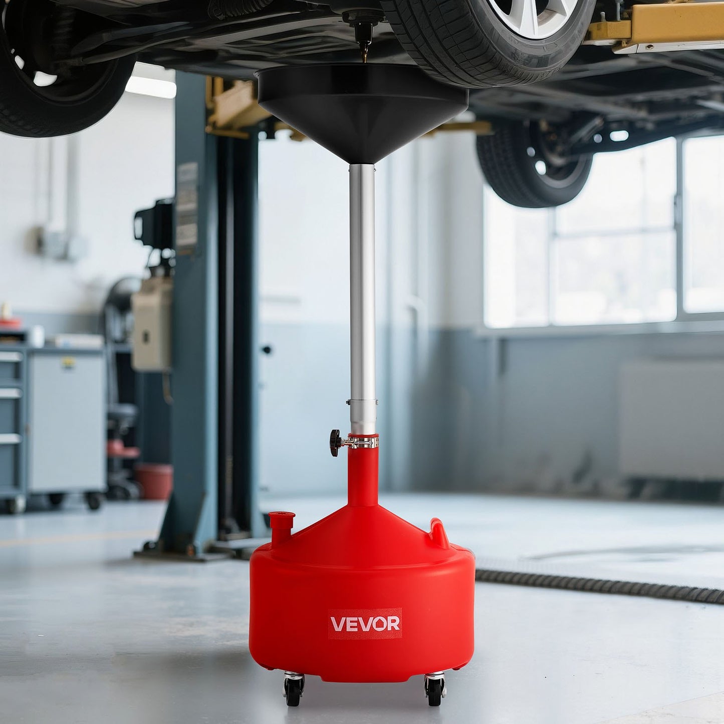 30L Waste Oil Drain Tank, Industrial Fluid Drain Tank with Adjustable Funnel Height, Portable Oil Drainer with Wheels, Fluid Fuel Transfer Drainage for Auto Repair Shops, Garages, Red