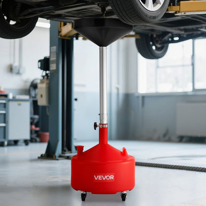30L Waste Oil Drain Tank, Industrial Fluid Drain Tank with Adjustable Funnel Height, Portable Oil Drainer with Wheels, Fluid Fuel Transfer Drainage for Auto Repair Shops, Garages, Red