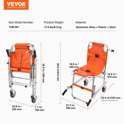 EMS Stair Chair, 159 kg Load Capacity, Foldable Aluminum Emergency Stair Climbing Wheelchair with 2 Wheels, Portable Stair Lift Chair Ambulance Firefighter Evacuation Use for Elderly, Disabled