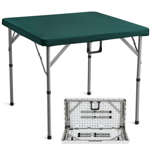 Mahjong Table, Fold-in-Half 4 Player Card Table with Wear-Resistant Green Tabletop, Portable Bi-Folding Square Domino Table with Carrying Handle for Outdoor Camping Picnic Party, 34 x 34-inch