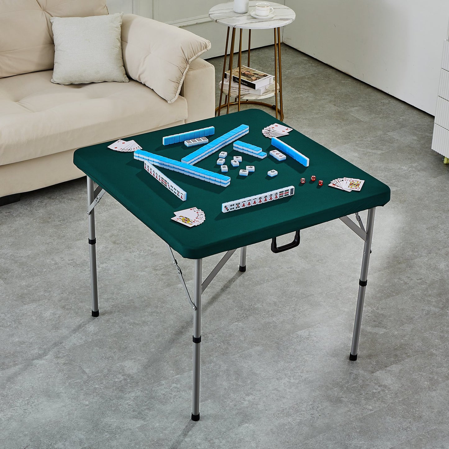 Mahjong Table, Fold-in-Half 4 Player Card Table with Wear-Resistant Green Tabletop, Portable Bi-Folding Square Domino Table with Carrying Handle for Outdoor Camping Picnic Party, 34 x 34-inch