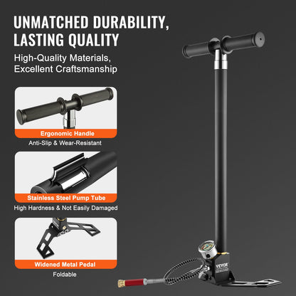 PCP Hand Pump, 4 Stage, 30Mpa 4500 PSI High Pressure PCP Air Rifile Filling Stirrup Pump with Oil-Moisture Filter Pressure Gauge, Stainless Steel for Airguns Scuba Tank Paintball Filling Tire