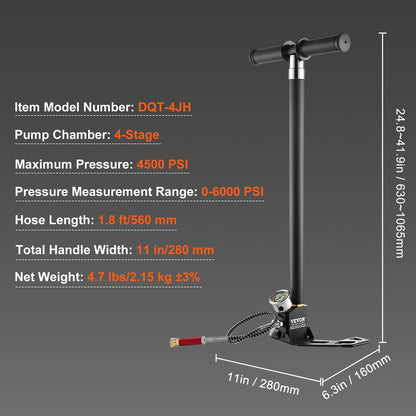 PCP Hand Pump, 4 Stage, 30Mpa 4500 PSI High Pressure PCP Air Rifile Filling Stirrup Pump with Oil-Moisture Filter Pressure Gauge, Stainless Steel for Airguns Scuba Tank Paintball Filling Tire