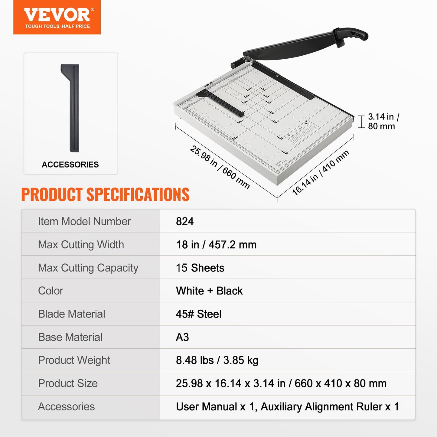 Paper Cutter, Guillotine Trimmer, 457.2 mm Cut Length, 20 Sheets Capacity, Heavy Duty Guillotine Paper Cutter with Guard Rail/Blade Lock for Cardstock/Cardboard, Paper Trimmer for Home Office School
